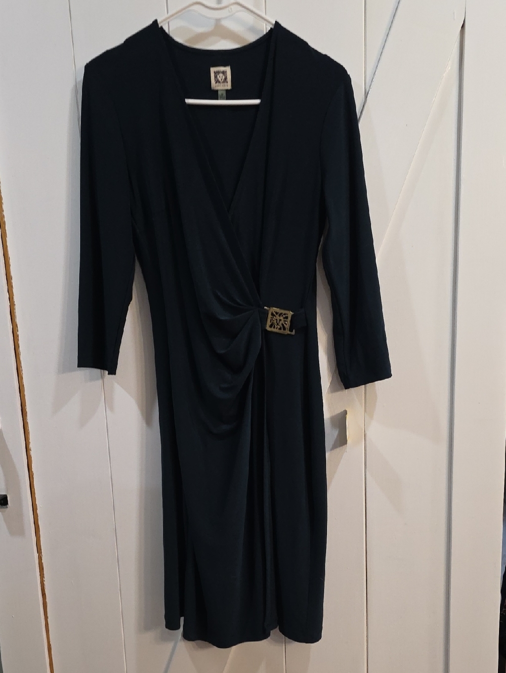 Anne Klein DARK GREEN 3/4 Sleeve Faux-Wrap Dress with Gold Buckle